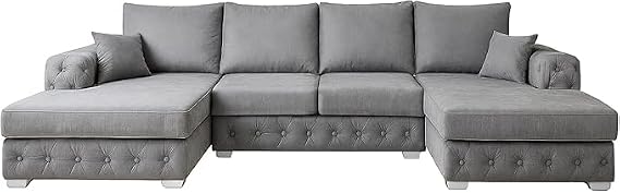 Sofaya U Shape Chesterfield Sofa Full Back Sectional Chaise Sofa with Deep Button Tufting – Upholstered Fabric Couch with Cushions – Modern 6-Seater Sofa for Living Rooms (Grey, Fabric Swatch)