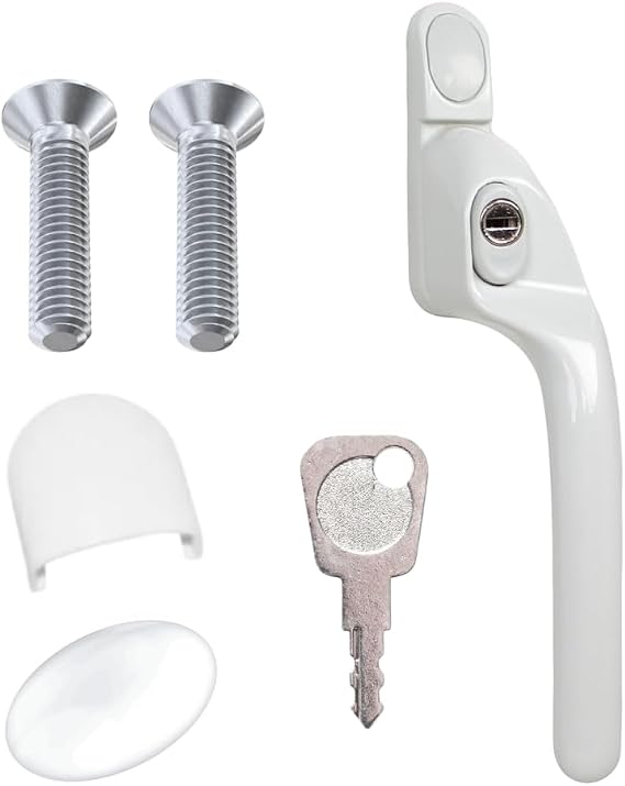 Window Handle 40mm Spindle - Offset Right-Handed espag Inline Locking Handle for DIY and Home Repairs - uPVC Window Handle -  with Screws, Caps and Key (White, Right Hand)