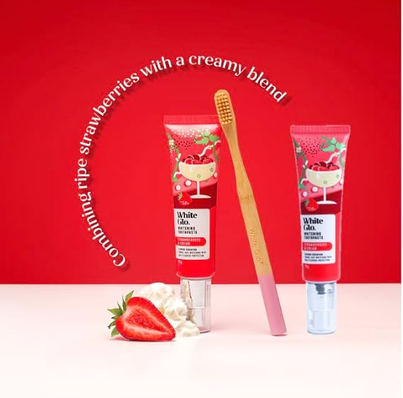 White Glo Strawberries & Cream Whitening Toothpaste 70g (Pack of 2) – Gentle Teeth Whitening with Natural Strawberry Flavor – Enamel Safe & Fluoride Protection for Daily Use