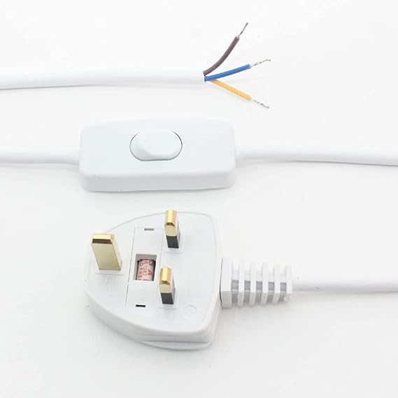 White 3 Core Pre Made Cable with Inline Rocker Switch | 2.5 Metre Total Length | 3A Fused Moulded 3 Pin Plug | UK Approved | Table & Floor Lighting