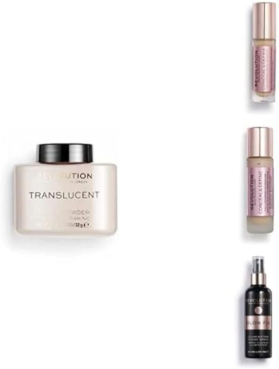 Makeup Revolution, Perfect Base Face Bundle, Conceal & Define C7 / F7 Concealer & Foundation, Translucent Loose Baking Powder and Glow Fixing Spray