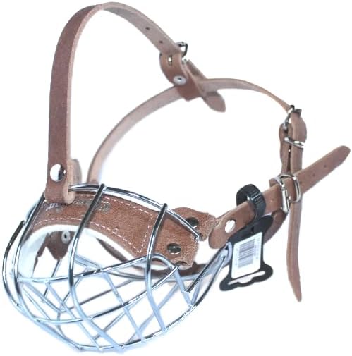 Strong Metal Wire Basket Dog Muzzle for American Bully BA, Brown leatherSilver