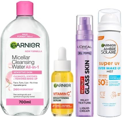 Glow & Hydrate - Garnier Micellar Cleansing Water 700ml, Garnier Vitamin C* Brightening Serum for Face, L'Oreal Paris Revitalift Filler Glass Skin Liquid Cream, Ambre Solaire Over Makeup Mist SPF50+