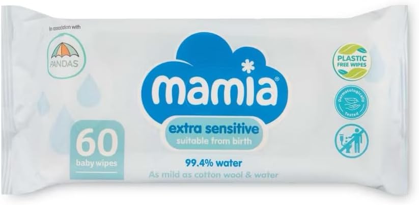 Mamia Extra Sensitive Baby Wipes, 99.4% Water, Plastic Free, Suitable from Birth, 60 Wipes, Pack of 6
