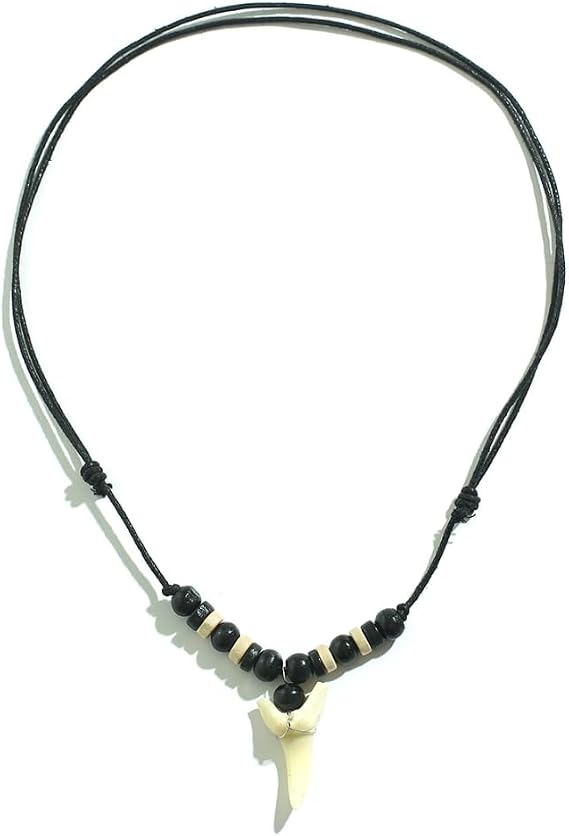 Mens Shark Tooth Necklace Vintage Surfer Beach Wood Bead Adjustable Ethnic Style Cool Pendant Jewellery for Adults Boys Girls