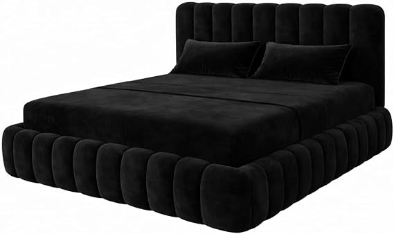 Luxury Teddy Plush Velvet Ottoman Bed Frame with Gas Lift Storage, Upholstered Panel Bed, (Plush Black, 4FT6 Double with gas lift storage)
