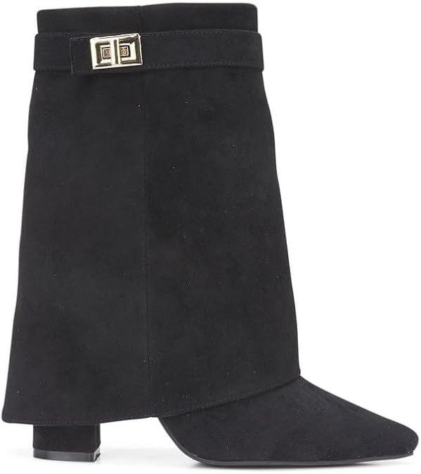 sole london LADIES Women's Ankle Fold Over Buckle Fashion Zip Pointed Block Heel Boots – Stylish Ruched Design – Comfortable Mid-Block Heel – Faux Leather & Faux Suede
