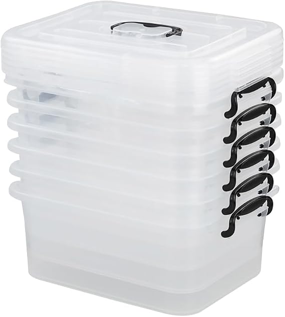 8 Liter Plastic Lidded Storage Boxes, Clear Box with Lid Set of 6