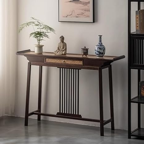 Rattan Console Table, Narrow Sofa Table with Drawer Storage for Hallway, Living Room, or Study Entryway
