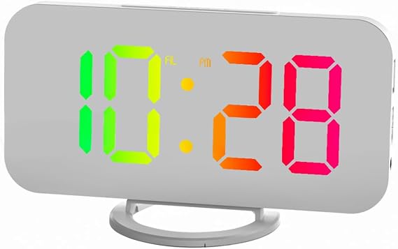 WANGCL LED Colour Gradient Digital Alarm Clock Mirror Large 6.5" RGB Gradient Display Light Sensing Dimming Mode Adjustable BrightnessPorts Button Snooze Function for Bedroom Living Room White