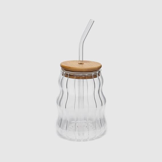 500ml Bambu Kapaklı Cam Bardak, Cam Pipetli Silikon Kapak Contalı Desenli Sıcak Soğuk İçecekler Kahve Meyve Suları ve Çayları için Şık Ergonamik Tasarım