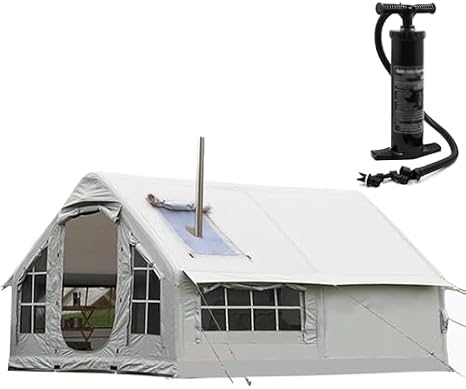 Inflatable Camping Tent with Pump for 6 People, featuring a Stove Jack, 4-Season Outdoor Family Luxury Large Air Tents with Double-Layer Mesh Windows and Doors