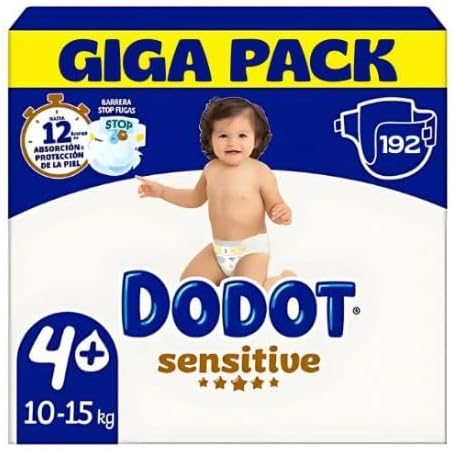 Dodot Sensitive Size 4+ Extra Absorption (10-15 kg) – Pack of 192 Nappies + 64 Dodot Dermo Free Wipes | Soft Protection and High Absorption for Sensitive Skin
