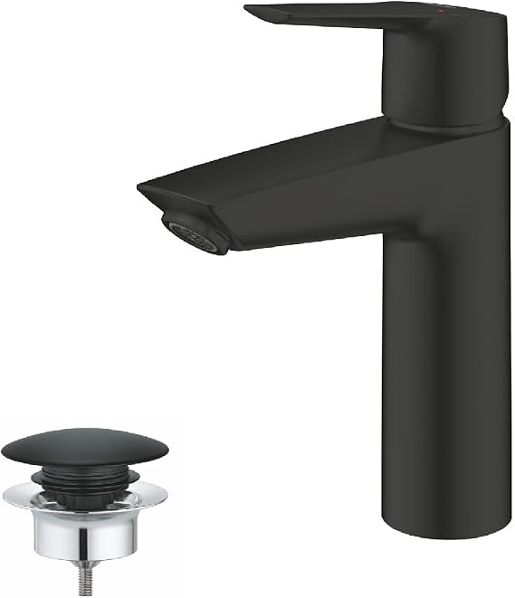 GROHE Start 237462432 Energy-Saving Washbasin Tap, Cold Water in Central Position (Tap for Bathroom Sink, 19 cm High, with Pop-Up Drain, with Practical 3-in-1 Tool), Black