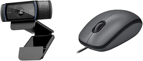 Logitech C920 HD Pro Webcam, Full HD 1080p/30fps Video Calling, Black & M100 Wired USB Mouse, 3-Buttons,1000 DPI Optical Tracking, Ambidextrous, Compatible with PC, Mac, Laptop - Grey