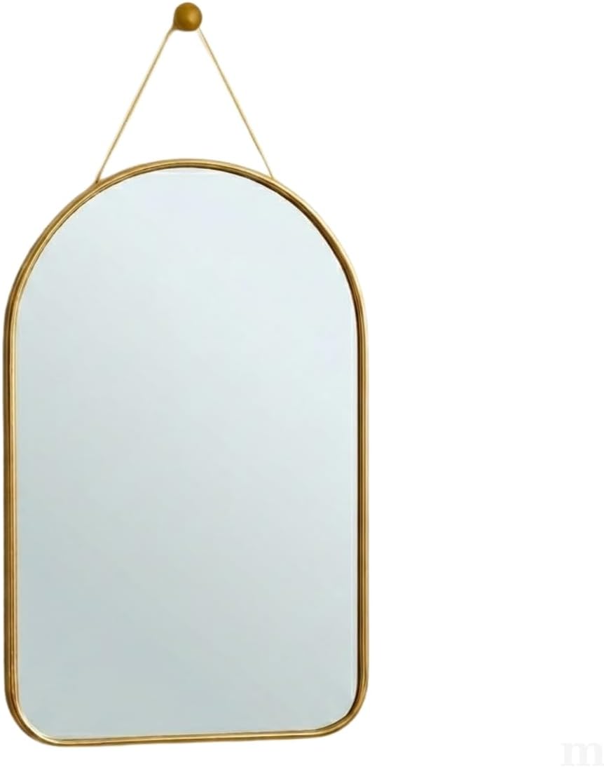 Dekoratif Duvar Aynası, 23x40 cm, İnce GoldMetal Çerçeve, Kemer Tasarım, Sarı Askı İpli, Modern Stil, Antre ve Banyo için