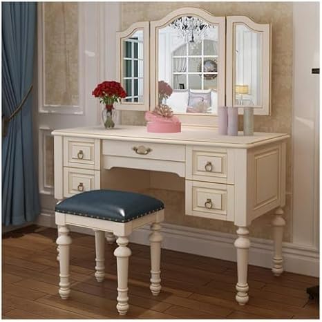 Vanity Set, Dressing Table Bedroom Dresser Vanity Table Set Home Vintage Style Dressing Table Padded Stool Oval Mirror Drawers3Pc Set 47.2X21.6X29.5Inch WEWYQSJXBXF-31116(Color:White,Size:)