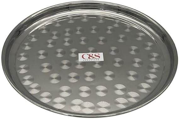 C&S Homestore Stainless Steel Round Serving Tray/Thali/Plate with Swirl Patterns 22''/56cm