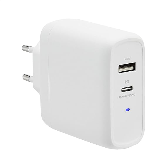 Amazon Basics Wall Charger 63W GaN 1 x 45W USB-C Port and 1 x 18W USB-A Port for Laptops, Tablets and Mobile Phones - White, 2.6 x 1.16 x 2.46 inches