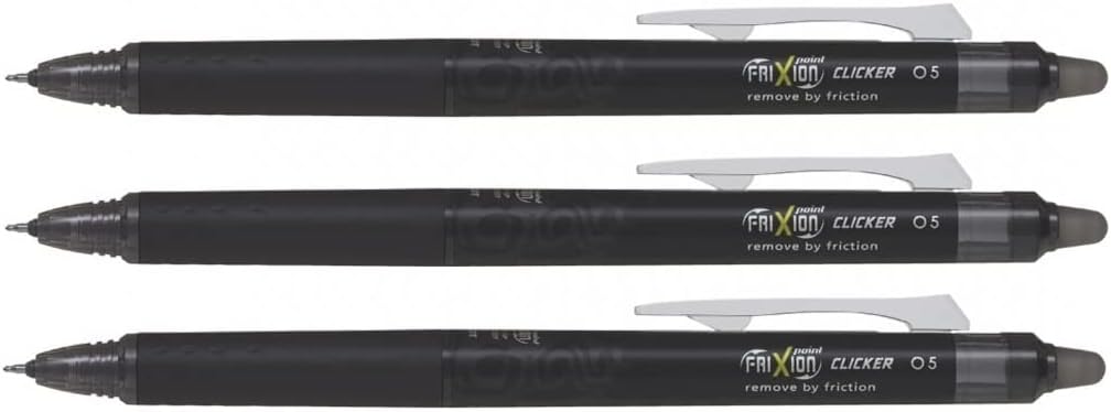 PILOT Frixion Point Clicker Pen - 0.5mm Fine Synergy Tip - Black Ink - Set Of 3