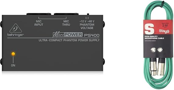 Behringer PS400 Micropower Phantom Power Supply & Stagg SMC3 CGR 3 m XLR to XLR Microphone Cable, black