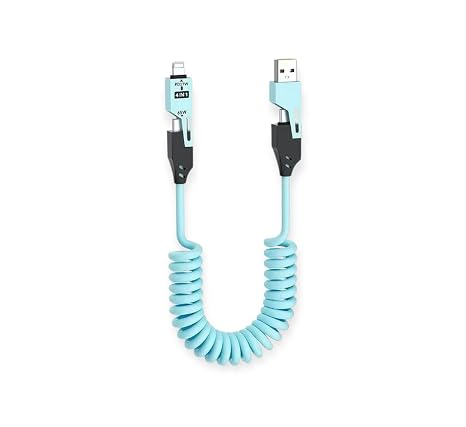 4in1 Spiral Şarj Kablosu 65W Hızlı Şarj - USB-A Type-C Lightning Çoklu Kablo - Esnek Yay Tasarım - Premium Kalite Çok Fonksiyonlu Data Kablosu (Mavi)