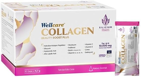 Wellcare Kolajen Beauty Boost Plus Silisyum Orjinal Formül Tip I/III Hidrolize Kolajen 10.000 mg 30 Şase Karpuz Aromalı