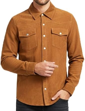 A1 FASHION GOODS Men's Goat Suede Trucker Shirt Jacket Classic Western Style Real Leather Overshirt Grayson