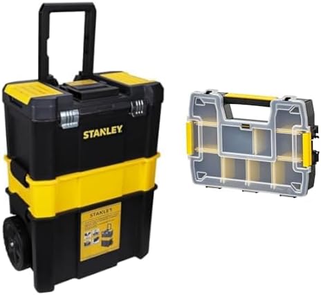 STANLEY Essential Rolling Workshop Toolbox, 3 Tier Stackable Units, STST1-80151 & STST1-70720 "Sortmaster" Organizer Stackable, Multi-Colour