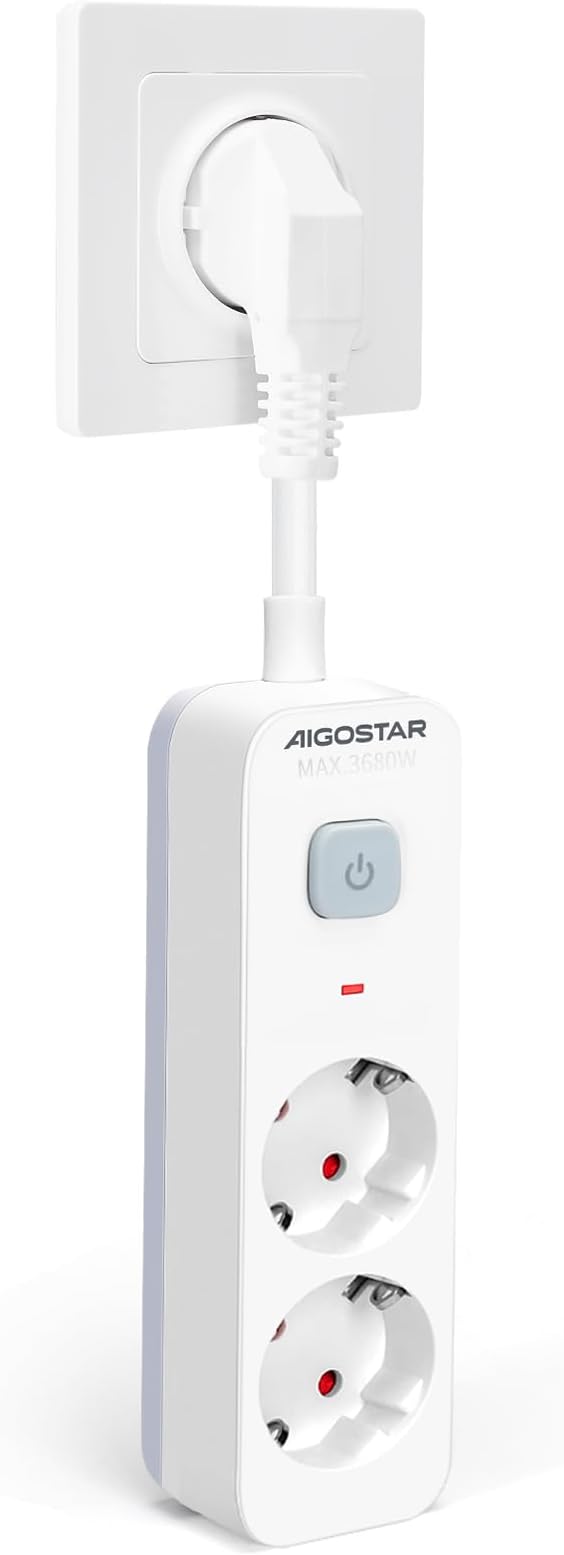 Aigostar Power Strip Plug, 2-Outlet Extension Plug, Multiple Plug Power Strip with Switch, White