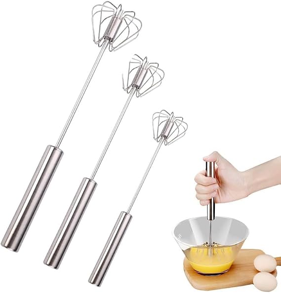 Hand Mixer Semi-Automatic Stainless Steel Whisk Rotating Semi-Automatic Egg Beater Hand Stirrer for Cooking Eggs and Milk in the Kitchen at Home (3 Pieces)