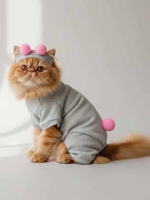 Ponpon Şeker Kedi Tulumu & Bere Takımı | Şardonlu Polar Kumaş | Tüy Dökülmesini Azaltır