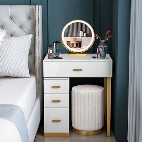 3 In 1 Dressing Table With Flip-Top Mirror And Rolling Stool Led Lights Integrated Makeup,Lighted Makeup Ty With Adjustable Brightness 4 Drawer Dressing Table & Stool 3 C,Gris-60cm/23.62in