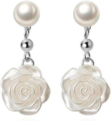 Reffeer Solid 925 Sterling Silver Flower Drop Earrings Dangle for Women Earrings Pearl Flower Drop Earrings Camellia