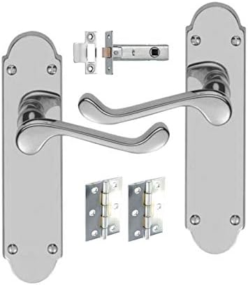 HANDLESTORE Shaped Scroll Door Handle Pack – Polished Chrome Lever on Backplate with 2.5" Tubular Latch & 3" Hinges