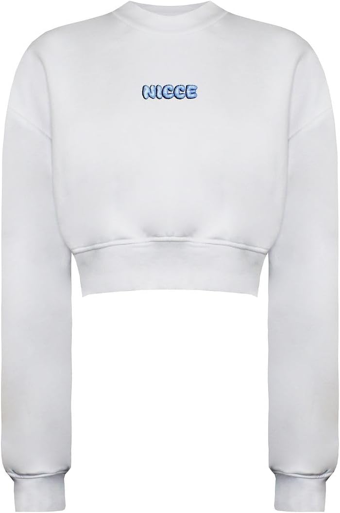 Nicce Long Sleeve Crew Neck White Womens Back Logo Cropped Anta Sweaters 213 2 03 05 0002