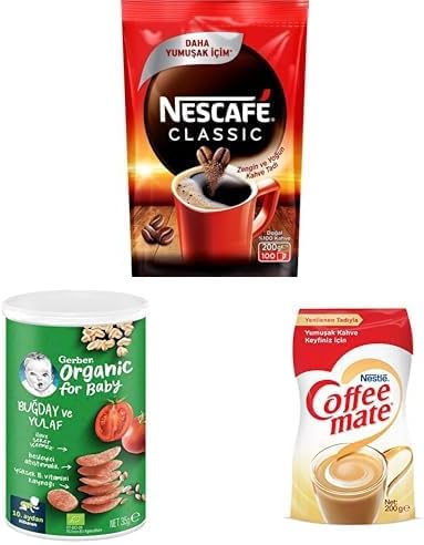 Nescafé Classic Çözünebilir Kahve Ekopaket 200 g x 2, Gerber Organik Buğday ve Yulaflı Domates Havuç ve Soğanlı Bebek Atıştırmalığı 35 g x 1, Nestlé Coffee Mate Kahve Beyazlatıcısı 200 g Ekopaket x 1