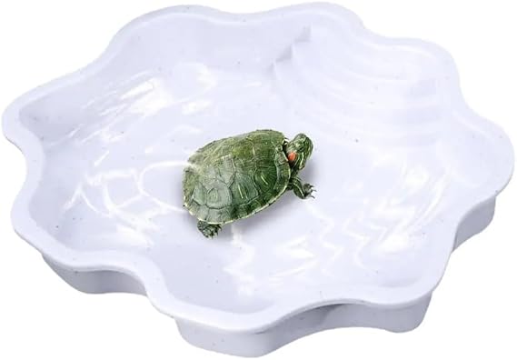 Extra Large Reptile Bathing Pool Reptile Feeding Dish Water Bowl with Ramp Aquarium Ornament for Gecko, Snake, Turtle, Bearded Dragon, Lizard Bath (White)