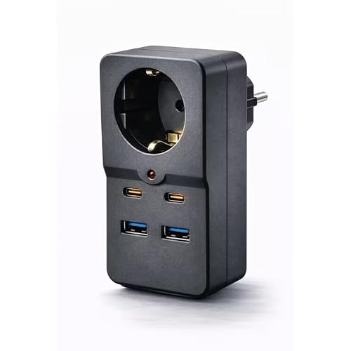 Akım Korumalı Priz  2 USB-A  2 Type-C Çoklu Şarj Adaptörü, Topraklı Tekli Priz Çoğaltıcı, Hızlı Şarj, LED Göstergeli, Kompakt Tasarım