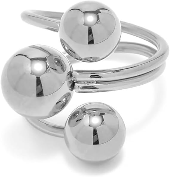 IMINI Minimalist Ball Statement Ring for Women Girls Men Gold Plated Stainless Steel Layered 3 Round Balls Open Wrap Finger Rings Comfort Fit Geometric Unique Birthday Jewelry Gift Size 8