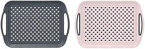 2X Set of Anti-Slip Rectangular Non-Slip Top and Bottom Plastic Dinner/Drinks Serving Tray with High Grip Rubber Surface, Easy Grip Handles,(Grey&Pink)