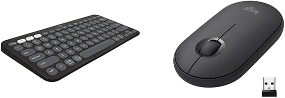 Logitech Pebble Keys 2 K380s, Multi-Device Bluetooth Wireless Keyboard with Customisable Shortcuts,Slim and Portable & Pebble Wireless Mouse with Bluetooth or 2.4 GHz Receiver, Slim Computer Mouse