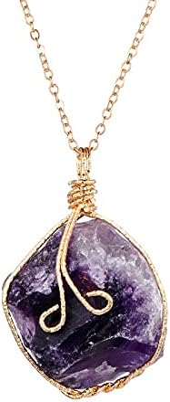 Wire Wrapped Raw Jade Necklace Moldavite Pendant Healing Energy Natural Stone Jewelry Rough ore PINK/GREEN Crystal Stone J-328FF, SBOTTON-8571 (Metal Color : PURPLE)