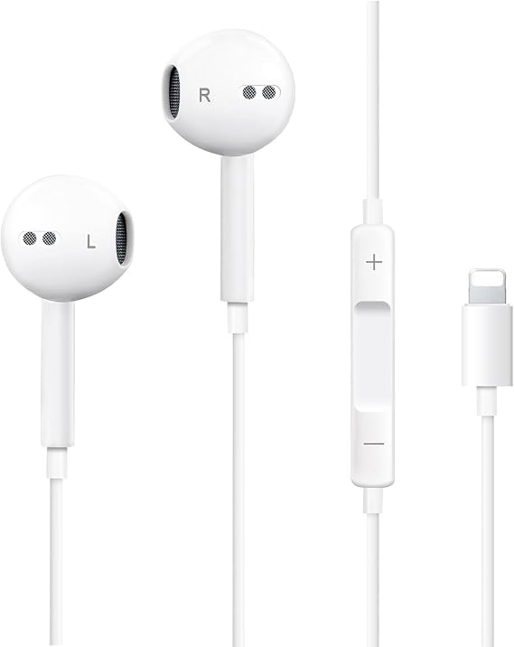 マイク付きiPhone用Lightningイヤホン、音量調節、ノイズリダクション。