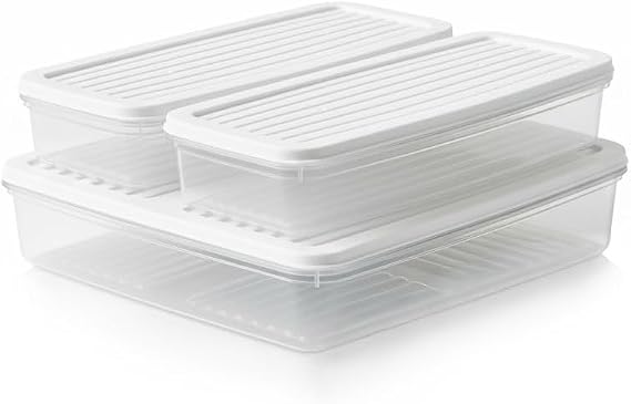 Deconox 3’lü Slim Buzdolabı ve Derin Dondurucu Saklama Kabı Seti, 1 Büyük (28cm) ve 2 Küçük (27cm) İnce Uzun Erzak Kutusu, Gri ve Beyaz Kapaklı Mutfak Düzenleyici (BEYAZ - 3 LÜ SET)
