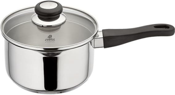 Judge Vista Draining Stainless Steel Large Saucepan with Pouring Lip 18cm 2.1L, Shatterproof Glass Strain & Pour Lid, Induction Ready, Oven Safe
