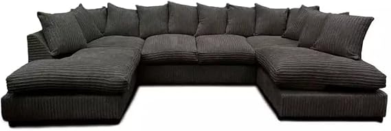 Jumbo Cord U Shaped Sofas - Washable Fabric Corner Sofa Grey - Comfortable 3 and 2 Seater Scatter Back - Large U Shape Bishop Modular Settee - Sofa Bed for Living Room Lounge (Black, Scatterback)