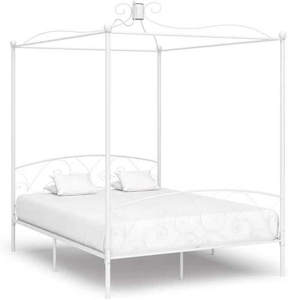 Super King Canopy Bed Frame White Metal 180x200 cm for 8 ft Ceiling Bedrooms, Classic Four Poster Style with Mosquito Net Rail, Durable Superking Bedframe