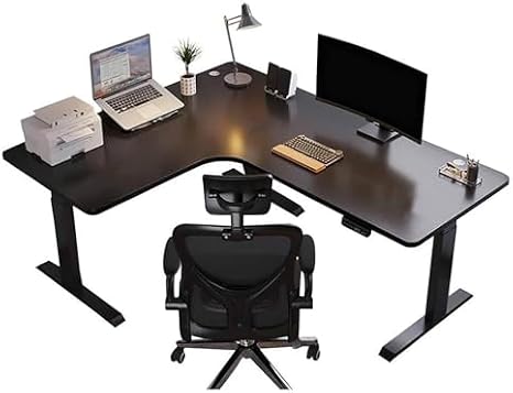 Height Adjustable Electric L-Shaped Standing Desk Corner Computer Table With Memory Settings Spacious Sit-Stand Gaming Desk For Home Office - Brown Finish.
