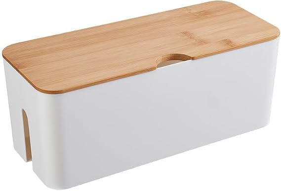 Cable Box with Bamboo Lid, Cable Management Organizer, Storage Box for Hiding Cables and Organizing Computer Wiring 32x13.5x12.5cm, White